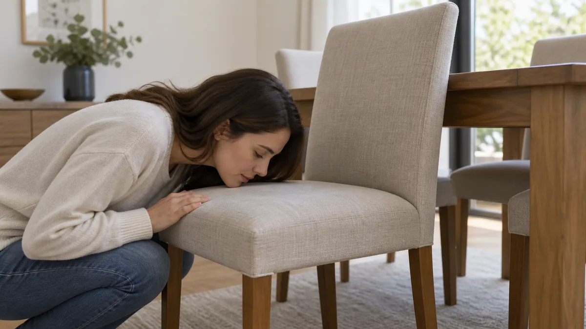 Imagem ilustrativa: Pessoa a verificar o odor de uma cadeira bege