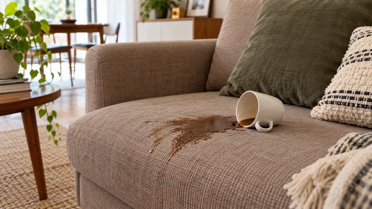 Imagem ilustrativa: Café derramado num sofá em tecido taupe