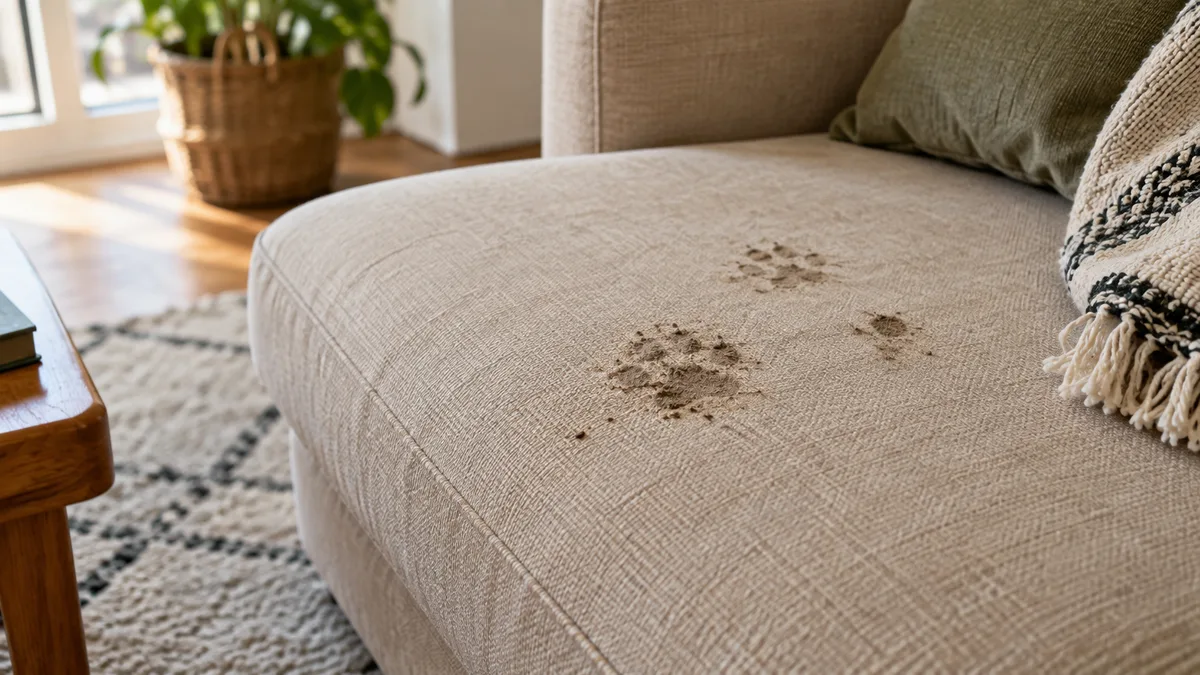 Imagem ilustrativa: Marcas de patas num sofá em tecido bege