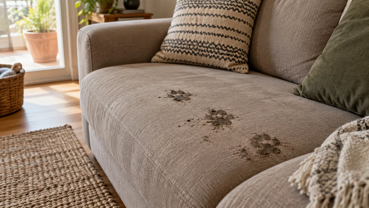 Imagem ilustrativa: Marcas de patas num sofá em tecido taupe