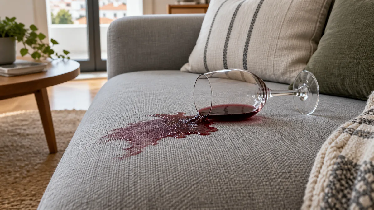 Imagem ilustrativa: Vinho derramado num estofo em tecido cinzento-claro