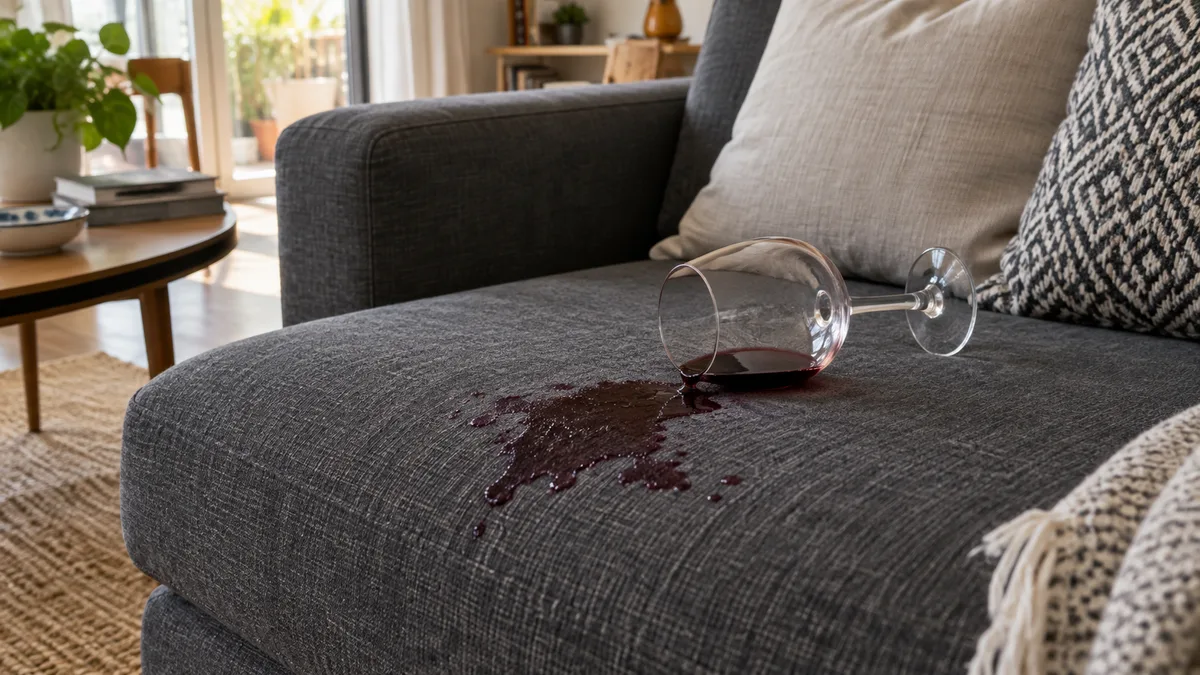 Imagem ilustrativa: Vinho derramado num estofo em tecido antracite