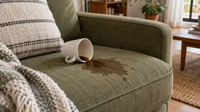 Imagem ilustrativa: Café derramado num sofá em tecido verde-azeitona