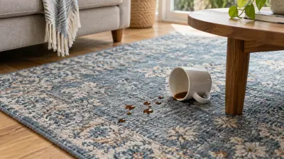 Imagem ilustrativa: Pequenas manchas de café num tapete azul